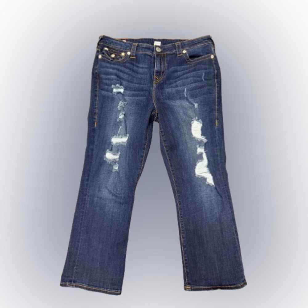 True Religion Halle Capri Roll Jeans Mid Rise Distressed Size 34 Waist Size 14